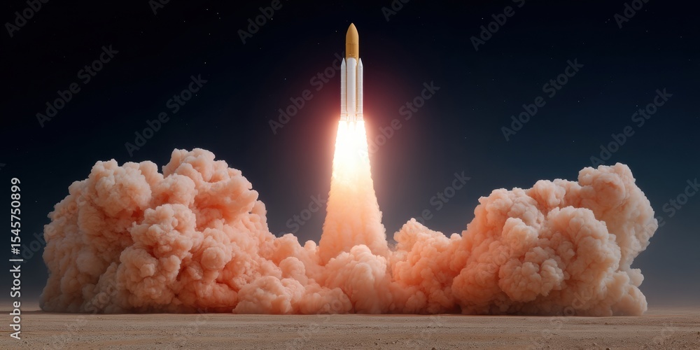 Poster nighttime rocket launch with glowing smoke cloud and starry sky, showcasing advanced propulsion tech