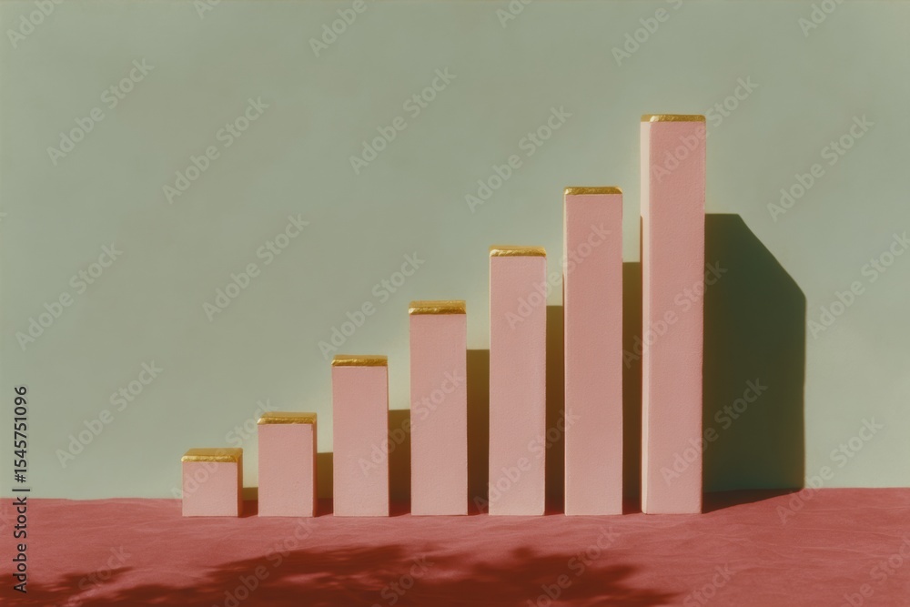 Poster minimalist ascending bar graph with gold edges on pink blocks - modern investment visual for market 