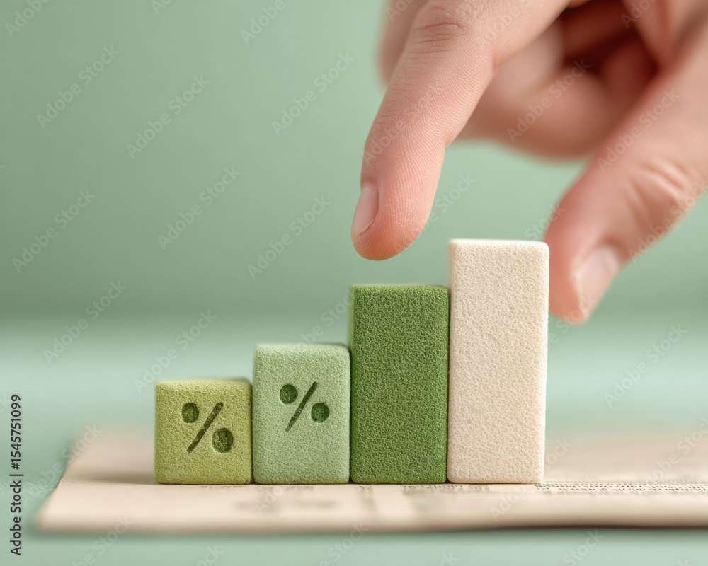 Poster rustic business growth concept with finger touching green percentage blocks on ascending bar chart f