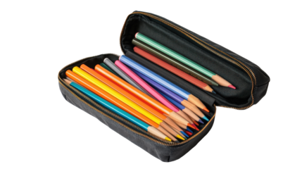 Pencil case open with contents displayed Transparent background, PNG