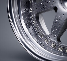 Close-up of a meticulously crafted, five-spoke alloy wheel featuring a perforated, dark-grey center and polished, silver-toned outer rim.  Numerous small bolts are visible around the rim