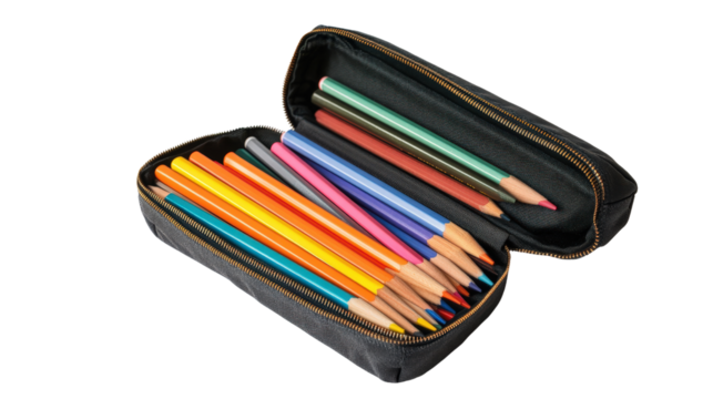Pencil case open with contents displayed Transparent background, PNG