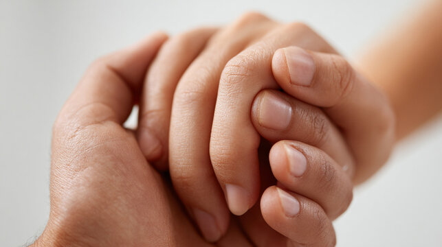 two smooth soft hands gently holding each other, symbolizing support, empathy, and connection, conveying a sense of comfort, love, and mutual care in a moment of need over white table and white backgr - Powered by Adobe