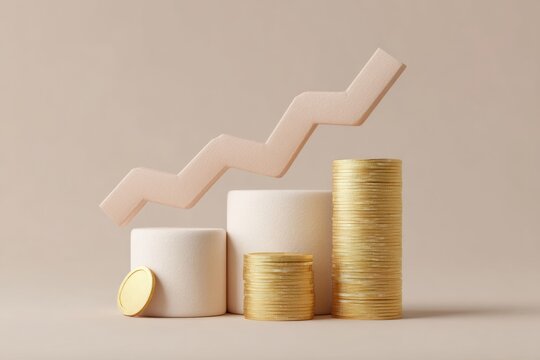 Modern minimalist gold coin stacks with rising graph concept, digital asset marketing, cryptocurrency alternatives, and investment growth visualization
