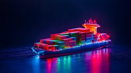 Illuminated cargo ship at night, ocean transport, global trade