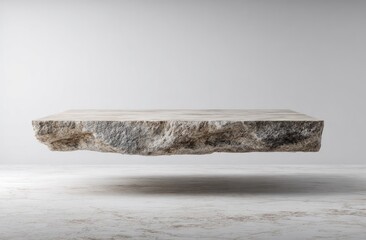 A rectangular, rough-hewn stone slab, seemingly floating above a light-grey floor, against a minimalist white background