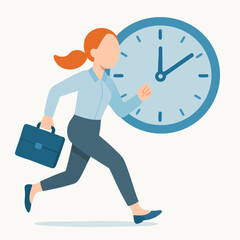 Flat Illustration Running Businesswoman Late for Deadline with Clock Background