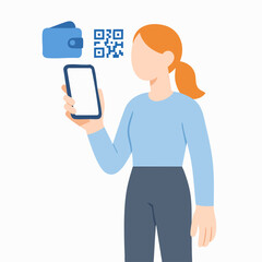 Flat Illustration Woman Holding Smartphone Paying with QR Code Technology