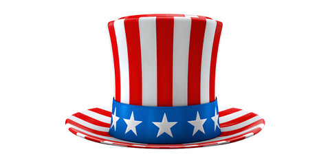Patriotic Uncle Sam Hat with Red and White Stripes and Blue Band with Stars Symbol of American Pride, Independence Day Celebration, and National Holiday
