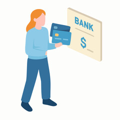 Isometric Girl Holding Credit Card with Bank Building Concept Illustration
