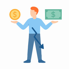 Flat Style Man Holding Dollar Coin and Paper Money Loss Finance