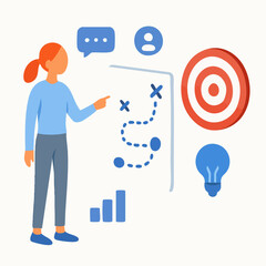 Flat Style Detail Strategy Presentation with Business Woman and Target Element Illustration
