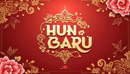 Naklejka premium Gold lettering of Hun Baru on a red background with floral designs.