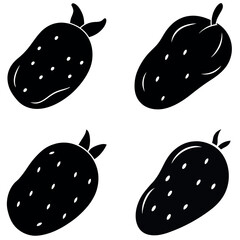 Four Black and White Stylized Illustrations of Strawberries with Seeds and Stems on White Backgrounds