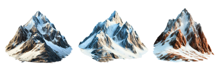 Collection of mountains isolated on white background rugged rocky peaks with snowcapped summits isolated on a white or transparent background