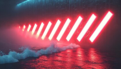 Red Neon Light Tunnel With Water Reflection