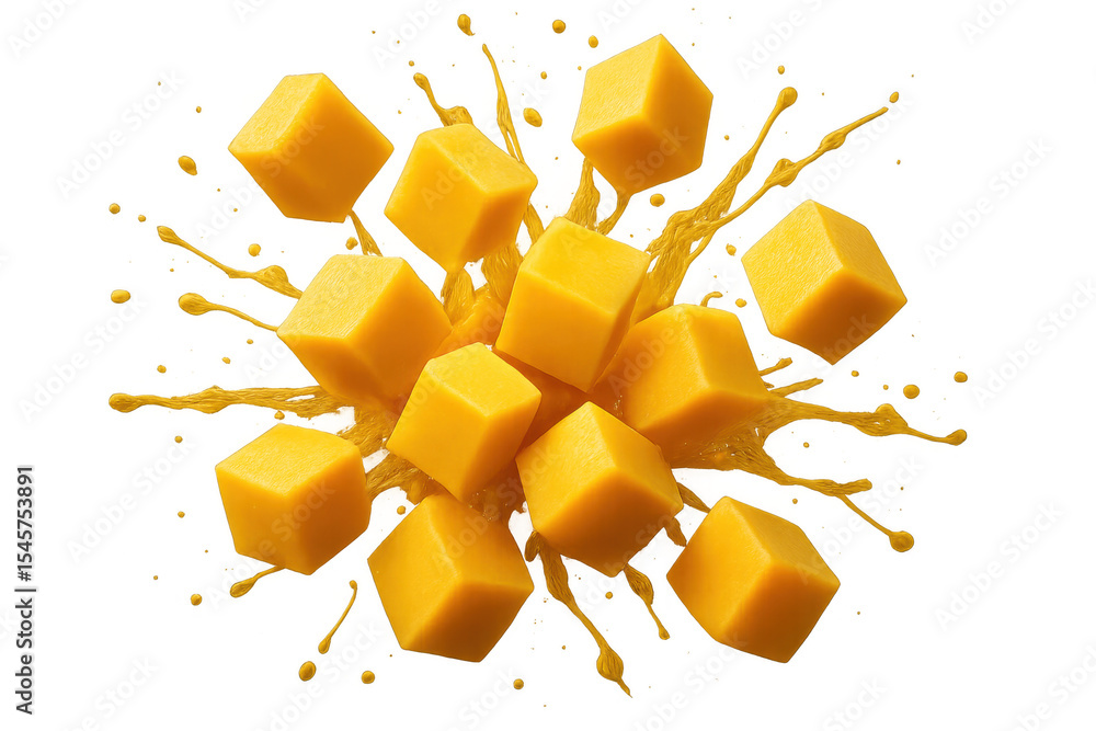 Poster ripe mango cubes exploding with a splash of fresh juice, creating a dynamic and refreshing visual on