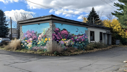 Colorful flower mural on building exterior