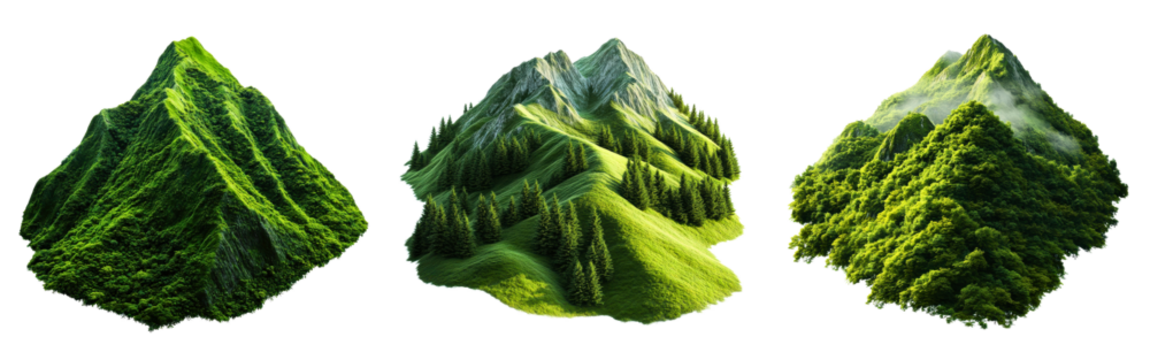 Set of mountains isolated on white background smooth green slopes with dense forest cover isolated on a white or transparent background