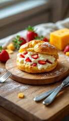 Delicious Choux Pastry Filled with Whipped Cream and Fresh Strawberries