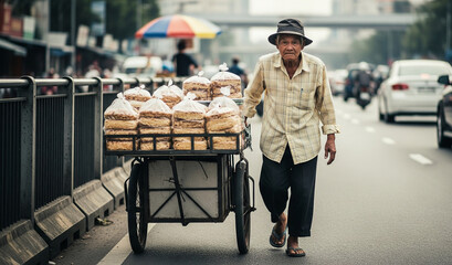 Old man sells with a cart on the outskirts of city 