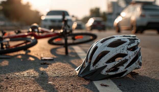 A soiled bicycle helmet lies on the asphalt near a fallen bicycle, amidst blurred cars in the background; suggesting an accident at sunset