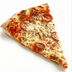 A perfect slice of pepperoni pizza, featuring melted mozzarella cheese and rich tomato sauce on a golden crust, isolated on white
