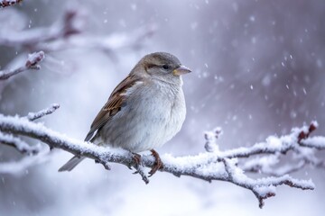 A small bird sitting on a branch covered in snow