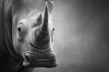  A black and white photo of a rhino's face