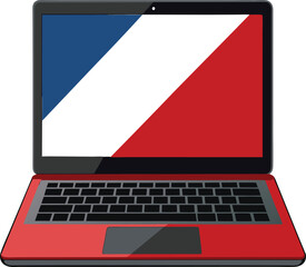 Red laptop computer with diagonal tricolor screen display