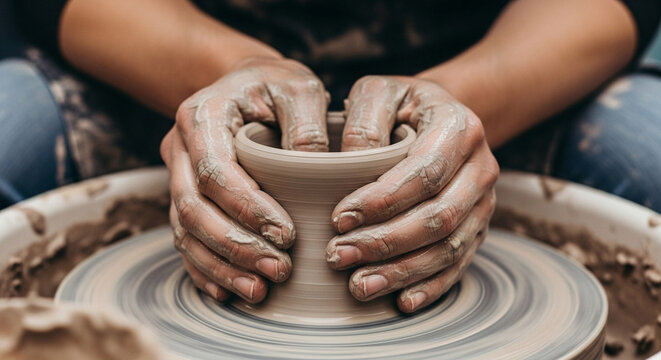Hands shaping clay on pottery wheel. - Powered by Adobe