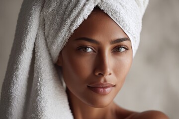 A woman with a towel wrapped around her head