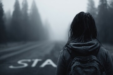 A person with a backpack standing in the middle of a foggy road
