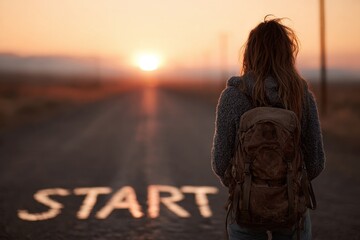 A woman with a backpack standing on a road with the word START written on it