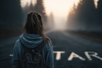 A woman with a backpack standing in the middle of a road