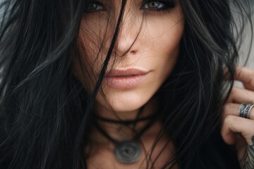A woman with long black hair and a necklace