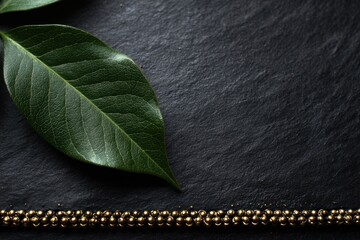 A green leaf on a black surface next to a gold chain