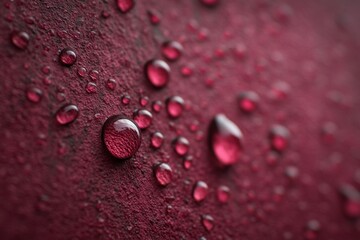 A close up of water droplets on a red surface