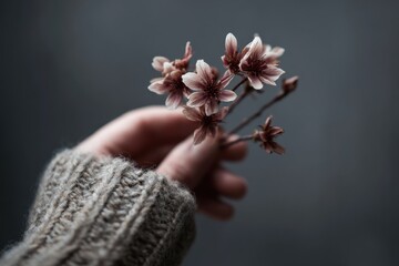 A person holding a small pink flower in their hand