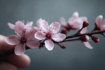A person holding a branch with pink flowers on it