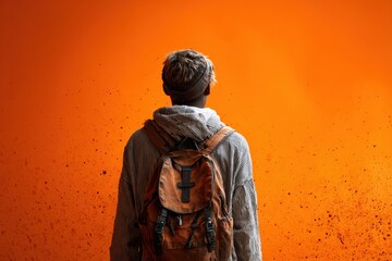 A man with a backpack standing in front of an orange wall