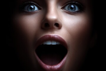  A close up of a woman's face with her mouth open