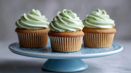 Three cupcakes with green frosting on a blue cake stand