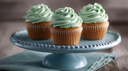 Three cupcakes with green frosting on a blue cake stand