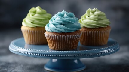 Three cupcakes with blue and green frosting on a blue cake stand