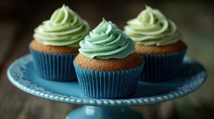 Three cupcakes with green frosting on a blue cake stand