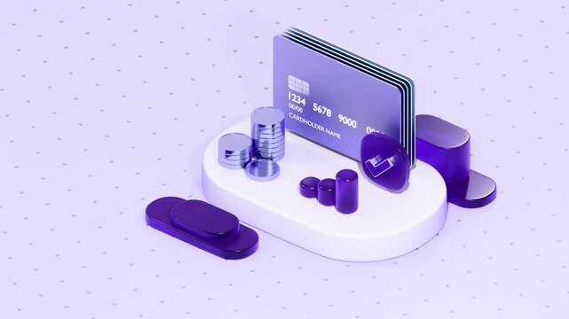 Credit card with coins, glass elements and check mark 3d render