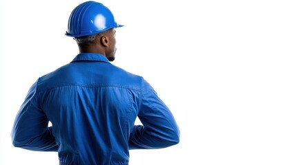 A man wearing a blue hard hat standing with his back to the camera