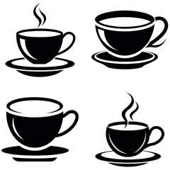 Black and White Coffee Cup Icon Art Depicting Hot Beverages with Saucers