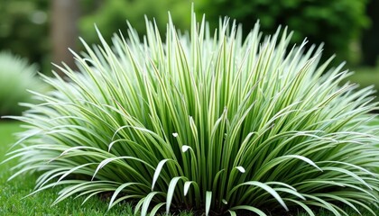 Close-up of a clump of variegated ornamental grass.
